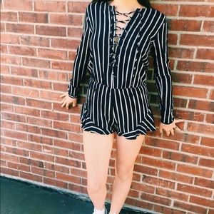 Striped Lace Up Romper - COTTON CANDY LA